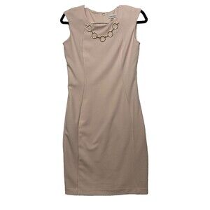 2/$30 Calvin Klein Sheath Dress Size 4 Pink Old Money Career Stretch Gold Chain